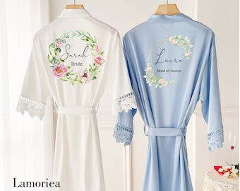 Personalised Bride Maid of Honor robe, Wedding Dressing Gown, floral Bridal robe, Floral Satin Wedding Robes, white bridal Robe, bridal robe