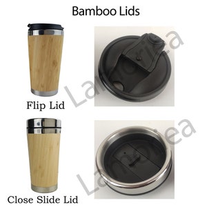 May include: Two bamboo travel mugs with different lids. The first mug has a black flip lid. The second mug has a black slide lid. Both lids have a silver metal rim.