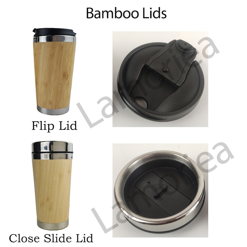 May include: Two bamboo travel mugs with different lids. The first mug has a black flip lid. The second mug has a black slide lid. Both lids have a silver metal rim.
