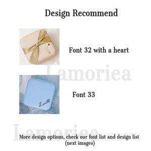 May include: The image showcases two jewelry cases. One is beige with a gold ribbon and a cursive initial with a heart. The other is light blue with the name "Lucille" in cursive. Text reads "Design Recommend", "Font 32 with a heart", and "Font 33".