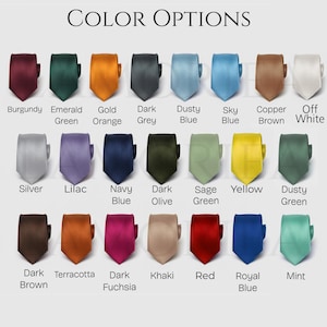 May include: A color chart displaying twenty-two neckties in various solid colors, including burgundy, emerald green, gold orange, dark grey, dusty blue, sky blue, copper brown, off white, silver, lilac, navy blue, dark olive, sage green, yellow, and mint.