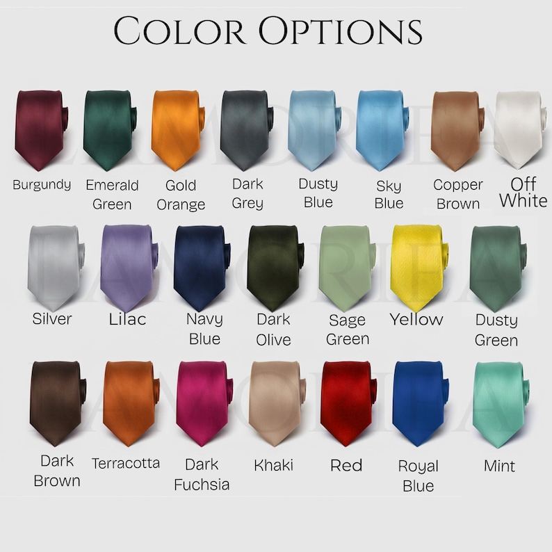 May include: A color chart displaying twenty-two neckties in various solid colors, including burgundy, emerald green, gold orange, dark grey, dusty blue, sky blue, copper brown, off white, silver, lilac, navy blue, dark olive, sage green, yellow, and mint.