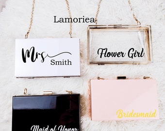 Personalized Acrylic Bridal Clutch for Mrs Bride Bridesmaid Maid of Honor Gift Bachelorette Party Favors Honeymoon Bag