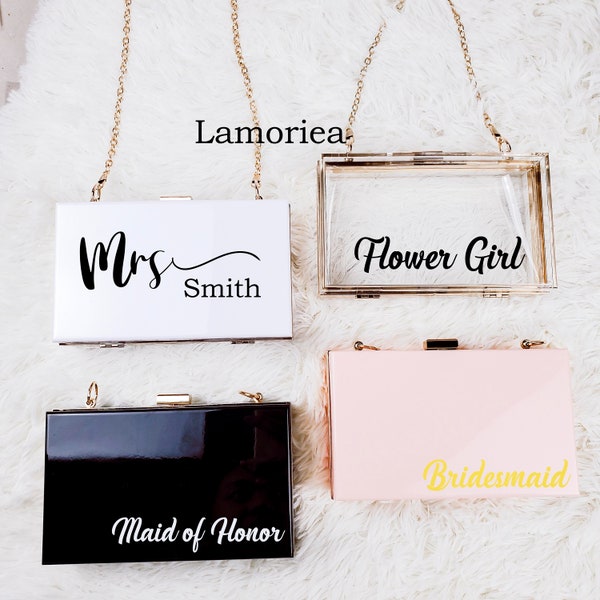 Personalized Acrylic Bridal Clutch for Mrs Bride Bridesmaid Maid of Honor Gift Bachelorette Party Favors Honeymoon Bag