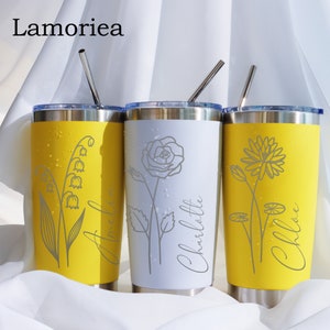 Personalized Birth Flower 20oz Tumbler, Laser Engraved Tumbler, Stainless Steel Mug, Insulated Tumbler, Birth Flower Tumbler image 5