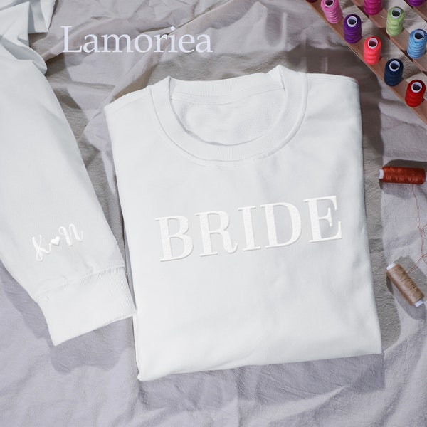 Personalized Gift For Bride, Bride Sweatshirt, Initial Heart Sleeve, Engagement Gift, Unique Bridal Shower Gift, Embossed Bride Sweatshirt