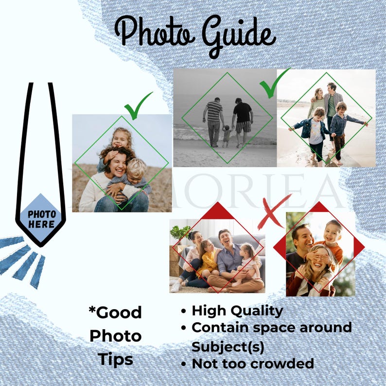 May include: A Photo Guide infographic featuring text and visual examples. It displays a black tie icon with the text PHOTO HERE, green checkmarks for good photo examples, and red X marks for poor examples. Text includes Good Photo Tips.