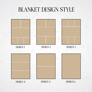 May include: Six different design layouts for a blanket. Each layout is a rectangle with a different arrangement of smaller rectangles inside. The layouts are labeled "Design 1" through "Design 6".
