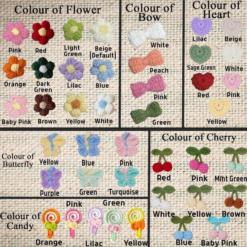 Puede incluir: Una colecci&oacute;n de peque&ntilde;as aplicaciones de ganchillo que incluyen flores, lazos, corazones, mariposas, cerezas y caramelos en varios colores. Cada art&iacute;culo est&aacute; etiquetado con su nombre de color y se muestra sobre un fondo texturizado.