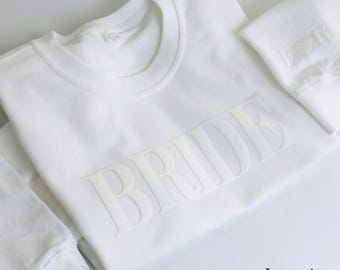 Personalized Gift For Bride, Bride Sweatshirt, Initial Heart Sleeve, Engagement Gift, Unique Bridal Shower Gift, Embossed Bride Sweatshirt