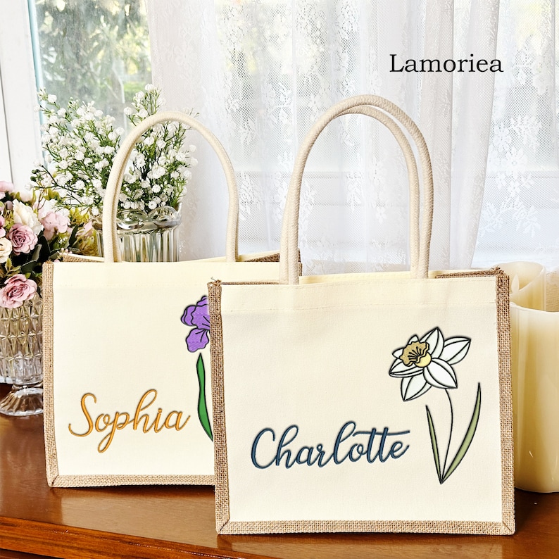 Personalized Embroidery Birth Flower Tote Bag, Mother's Day Gift, Gift for Her, Gift for Grandma, Gift for Mother, Canvas Bag for Friends zdjęcie 3