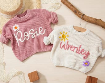Custom Handmade Embroidery Sweaters, Baby Name Sweater, Knitted Baby Sweater, Baby Winter Jumper, Kids Flower Sweater, Kids Birthday Gift