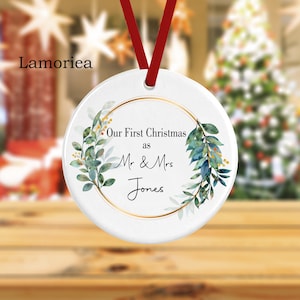 Personalised First Christmas as Mr and Mrs Bauble, Custom engaged creramic ornament, Christmas tree decoration, Couple gift