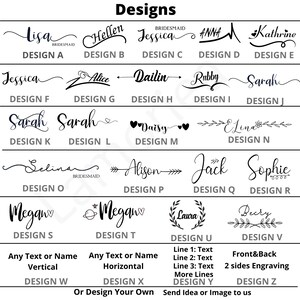 K&ouml;nnte beinhalten: Ein Diagramm mit 26 verschiedenen Designs f&uuml;r personalisierte Artikel. Die Designs beinhalten Namen, Pfeile, Herzen, Blumen und andere dekorative Elemente. Das Diagramm enth&auml;lt auch Optionen f&uuml;r Text, wie z. B. vertikalen oder horizontalen Text, sowie Gravuren auf Vorder- und R&uuml;ckseite.