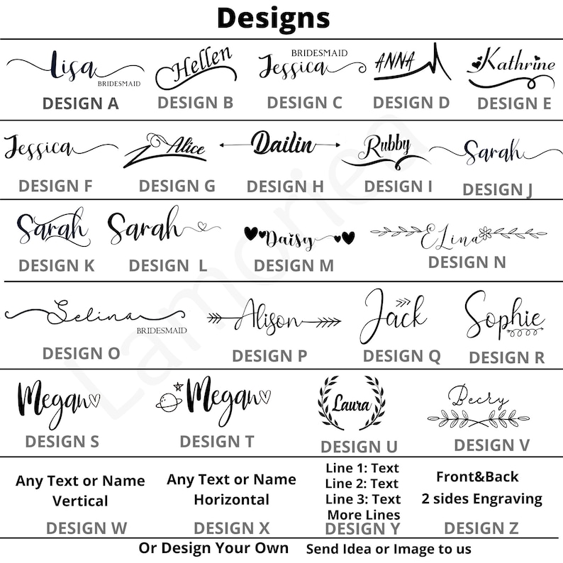 K&ouml;nnte beinhalten: Ein Diagramm mit 26 verschiedenen Designs f&uuml;r personalisierte Artikel. Die Designs beinhalten Namen, Pfeile, Herzen, Blumen und andere dekorative Elemente. Das Diagramm enth&auml;lt auch Optionen f&uuml;r Text, wie z. B. vertikalen oder horizontalen Text, sowie Gravuren auf Vorder- und R&uuml;ckseite.