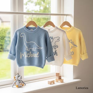 May include: Three long-sleeve knit jumpers in light blue, white, and yellow, each featuring a different dinosaur outline and a name embroidered in white or blue thread. The jumpers hang on wooden hangers against a window background.