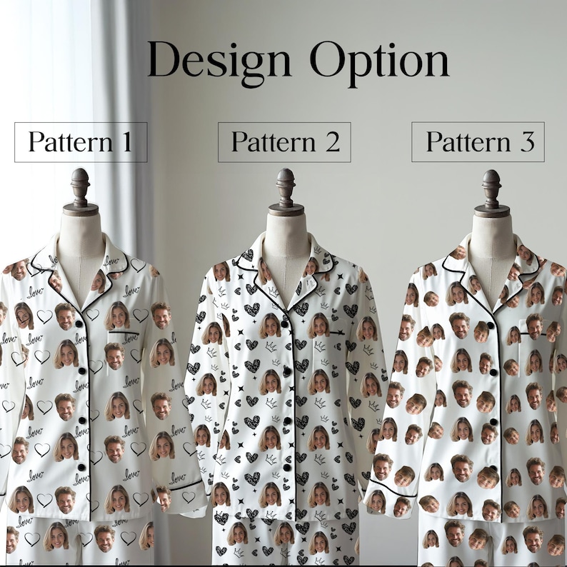 May include: Three sets of white pajamas with different patterns are displayed. Pattern 1 features faces, hearts, and the word "love." Pattern 2 has faces, hearts, and crowns. Pattern 3 is covered in faces. All have black trim.