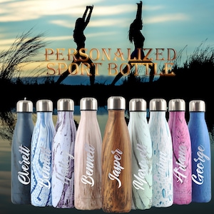 May include: Ten personalized stainless steel water bottles with various wood grain and marble patterns. The bottles are labeled with the names "Overett", "Bennett", "Harry", "Bennett", "Jasper", "Maxwell", "Olivia", "Priona", and "George".