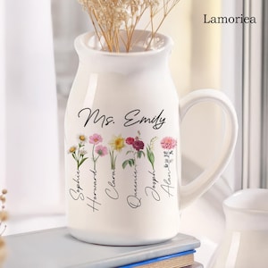 Custom Flower Vase Ceramic, Birthflower Vase, Vase with handle, Grandma Garden, Garden Decor, Grandma Gifts, Moms Garden, Gift for Her