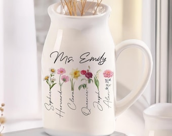 Vase à fleurs personnalisé en céramique, vase pour fleurs de naissance, vase avec anse, jardin de grand-mère, décoration de jardin, cadeaux de grand-mère, jardin de maman, cadeau pour elle