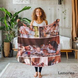 May include: A personalized photo blanket featuring a collage of family photos. The blanket is made of soft, comfortable fabric and is perfect for cuddling up on the couch.
