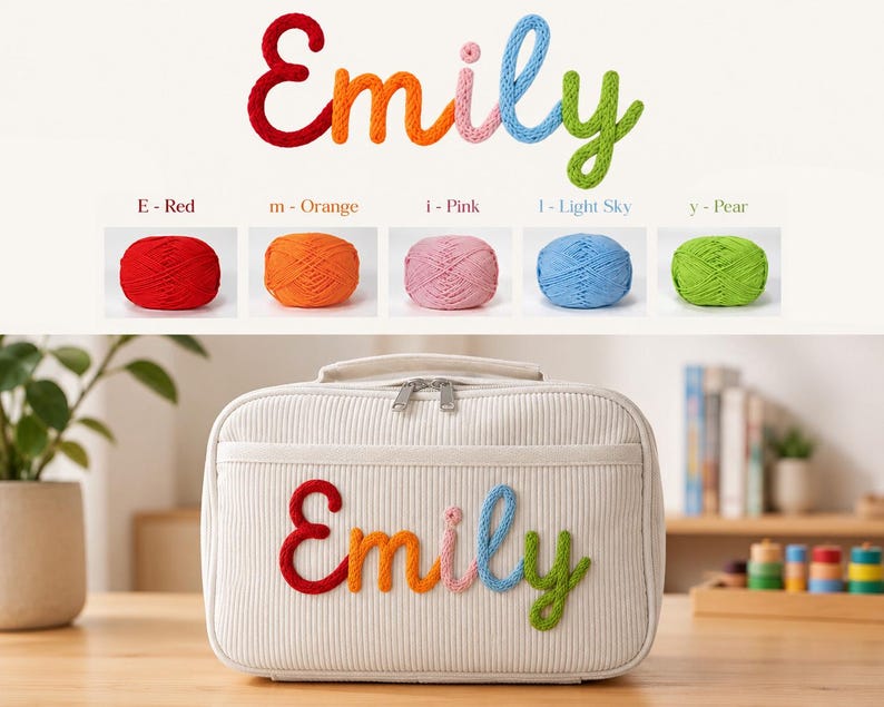 May include: A white corduroy rectangular zippered pouch featuring the name Emily embroidered in a multi-colored yarn script. The letters are red, orange, pink, light blue, and pear green, matching the yarn balls shown in the color guide above.