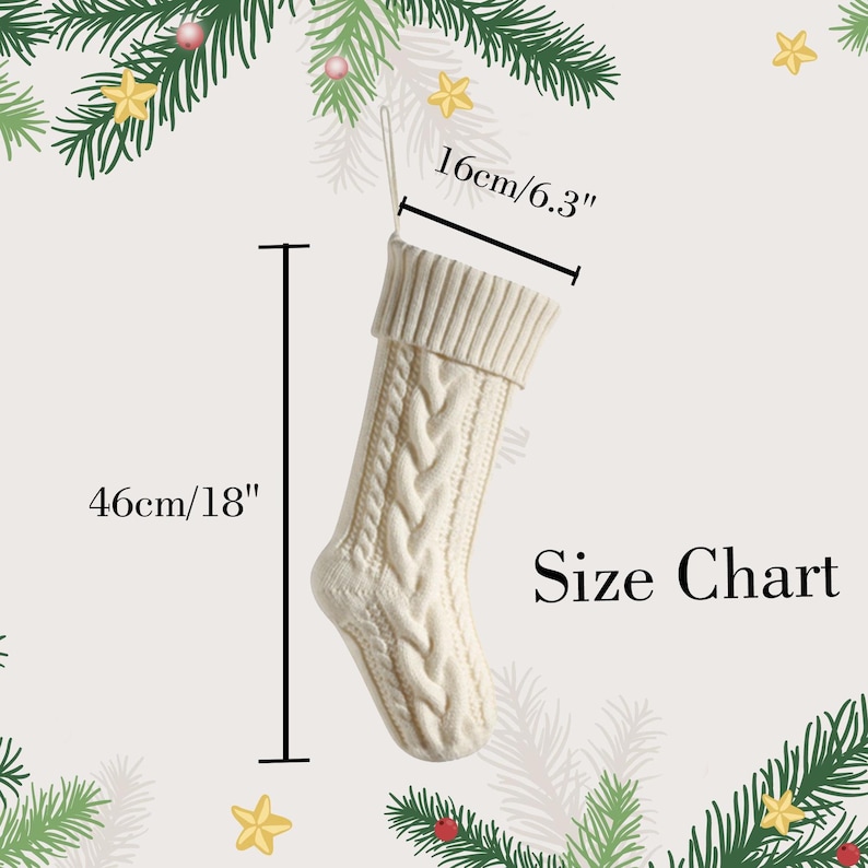 May include: Cream-colored Christmas stocking with a cable knit design. The stocking is 18 inches (46 cm) long and 6.3 inches (16 cm) wide. The text "Size Chart" is displayed on the image.
