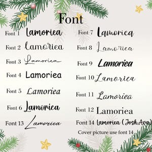 May include: A graphic showcasing various font styles, each displaying the word "Lamorica." The image is decorated with festive greenery and gold stars. The word "Font" is at the top. Font 14 is labeled "Lamorica (Josh Ava)".