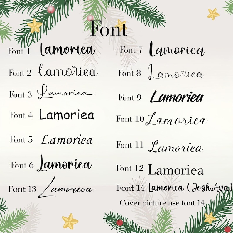 May include: A graphic showcasing various font styles, each displaying the word "Lamorica." The image is decorated with festive greenery and gold stars. The word "Font" is at the top. Font 14 is labeled "Lamorica (Josh Ava)".