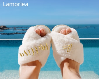 Personalized Bridal Fluffy Slipper Bridesmaid Gifts Bridal Shower Wedding Bridesmaid Fluffy Bachelorette Hen Fluffy Slippers Mother gifts