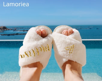 Personalized Bridal Fluffy Slipper Bridesmaid Gifts Bridal Shower Wedding Bridesmaid Fluffy Bachelorette Hen Fluffy Slippers Mother gifts