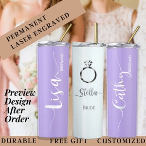 Bride tumbler,Custom Bridesmaid Skinny Tumbler,   bridesmaid gift,Stainless Steel Tumbler with Straw, Engraved Personalized Skinny Tumbler,