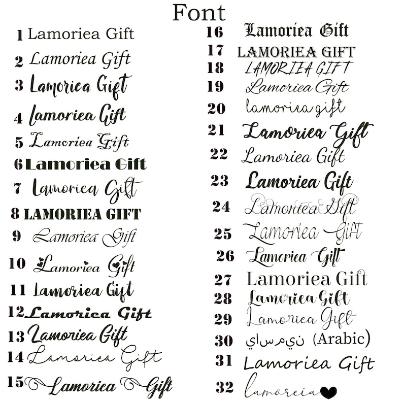 May include: A graphic design image showing 32 different ways to write the name "Lamoriea Gift" in various fonts and styles. The image includes a variety of fonts, including cursive, bold, and script.