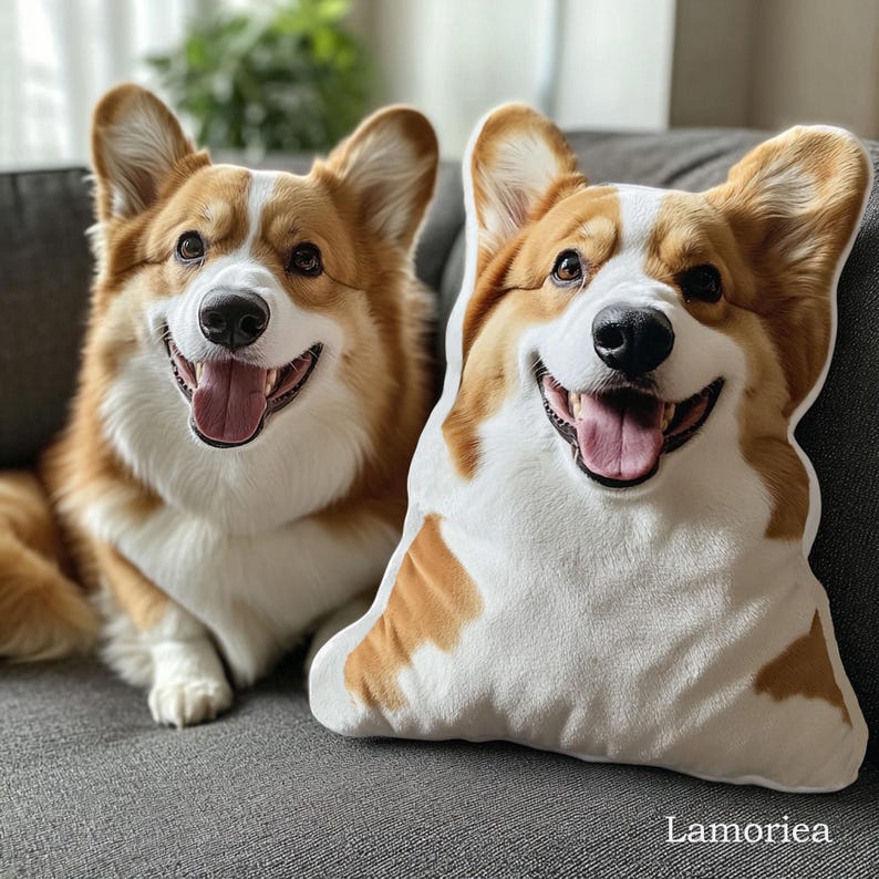 Puede incluir: Un perro corgi real est&aacute; sentado junto a un coj&iacute;n con forma de corgi en un sof&aacute; gris. Tanto el perro como el coj&iacute;n tienen marcas similares: pelaje blanco y marr&oacute;n, con una expresi&oacute;n feliz y lengua rosa. El coj&iacute;n es de dise&ntilde;o suave y afelpado.