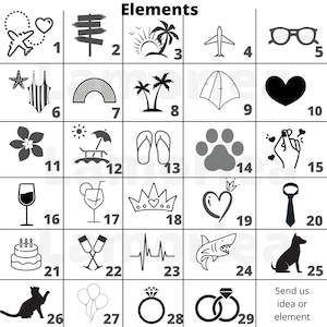 Pode incluir: Uma grade em preto e branco de 29 &iacute;cones diferentes que representam v&aacute;rios temas, incluindo viagens, ver&atilde;o, amor e muito mais. Cada &iacute;cone &eacute; numerado de 1 a 29.