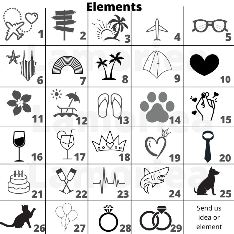 Pode incluir: Uma grade em preto e branco de 29 &iacute;cones diferentes que representam v&aacute;rios temas, incluindo viagens, ver&atilde;o, amor e muito mais. Cada &iacute;cone &eacute; numerado de 1 a 29.