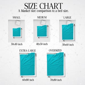 May include: A size chart for blankets, showing the different sizes and their dimensions in inches. The chart includes small, medium, large, extra-large, and oversized blankets.