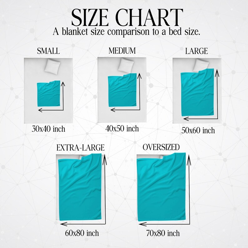 May include: A size chart for blankets, showing the different sizes and their dimensions in inches. The chart includes small, medium, large, extra-large, and oversized blankets.