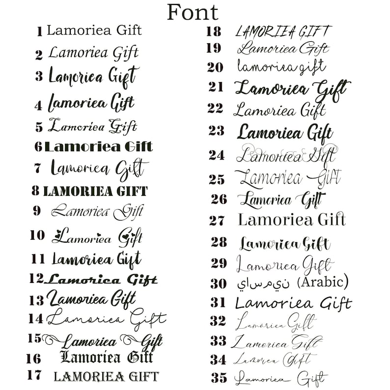 May include: A list of 35 different variations of the word "Lamoriea Gift" in black text on a white background. The text is in different fonts and styles, including cursive, bold, and all caps.