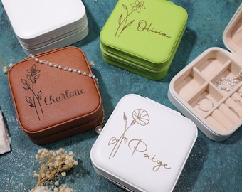 Engraved Birth Flower jewellery Box, Gift for her, Travel Jewelry Case, Birthday Gift, Bridal Party Gifts, Bridesmaid Gifts