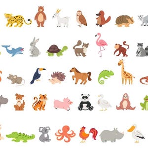 Puede incluir: Ilustraciones de animales de dibujos animados en varios colores. La imagen incluye un elefante, un ping&uuml;ino, un leopardo, un oso, una cabra, un b&uacute;ho y otros animales. El estilo es simple y plano, ideal para productos infantiles.