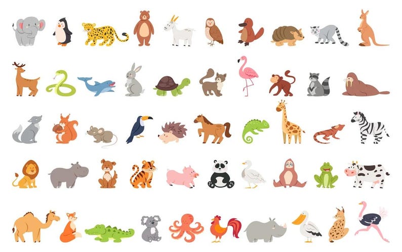 Puede incluir: Ilustraciones de animales de dibujos animados en varios colores. La imagen incluye un elefante, un ping&uuml;ino, un leopardo, un oso, una cabra, un b&uacute;ho y otros animales. El estilo es simple y plano, ideal para productos infantiles.