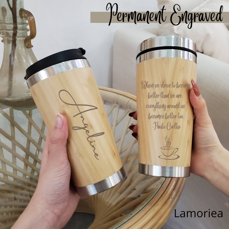 Custom Bamboo Coffee Mug, Personalized Insulated Mug, Engraved Coffee Mug, Eco Friendly Bamboo Mug, Drinks Flask, Monogram Cup, Gift for her image 1