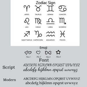 May include: A chart showing the zodiac signs with their corresponding symbols. Below the chart are four emoji symbols: a double heart, a heart, an infinity symbol, and a star. The chart also shows two font styles: Script and Modern, with the alphabet in both upper and lowercase.