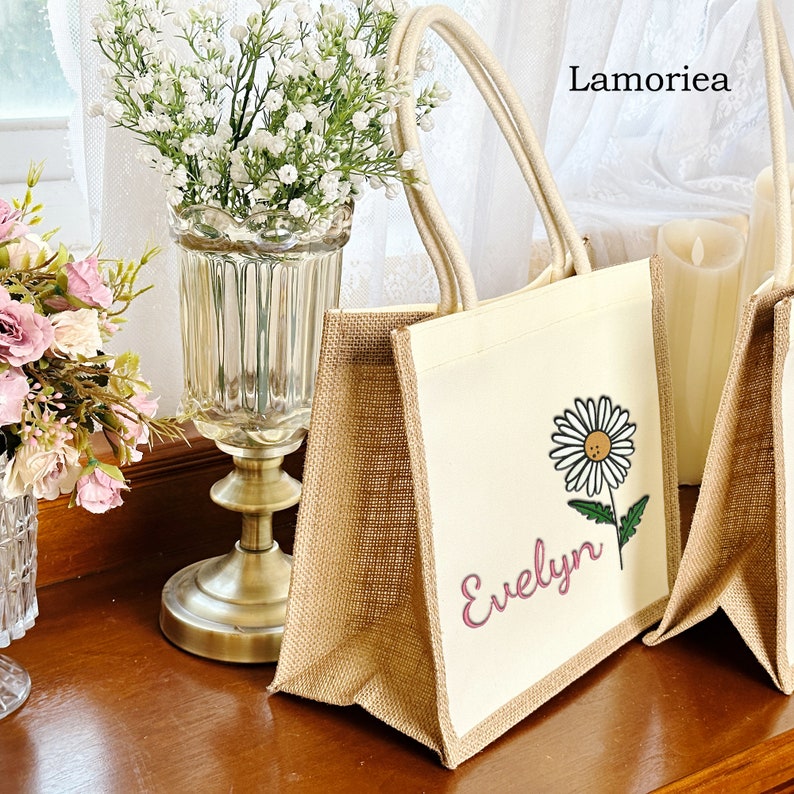 Personalized Embroidery Birth Flower Tote Bag, Mother's Day Gift, Gift for Her, Gift for Grandma, Gift for Mother, Canvas Bag for Friends zdjęcie 2