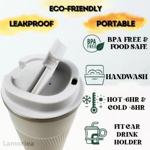 May include: White travel mug with a leakproof lid, BPA free and food safe. It keeps drinks hot for 6 hours and cold for 8 hours. The mug is also fit for car drink holders.