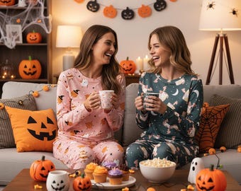 Gepersonaliseerde bijpassende familie Halloween-pyjama, Halloween-pyjama voor koppels, griezelige pyjamaset, vakantiepyjamaset, nachtkleding met Halloween-thema