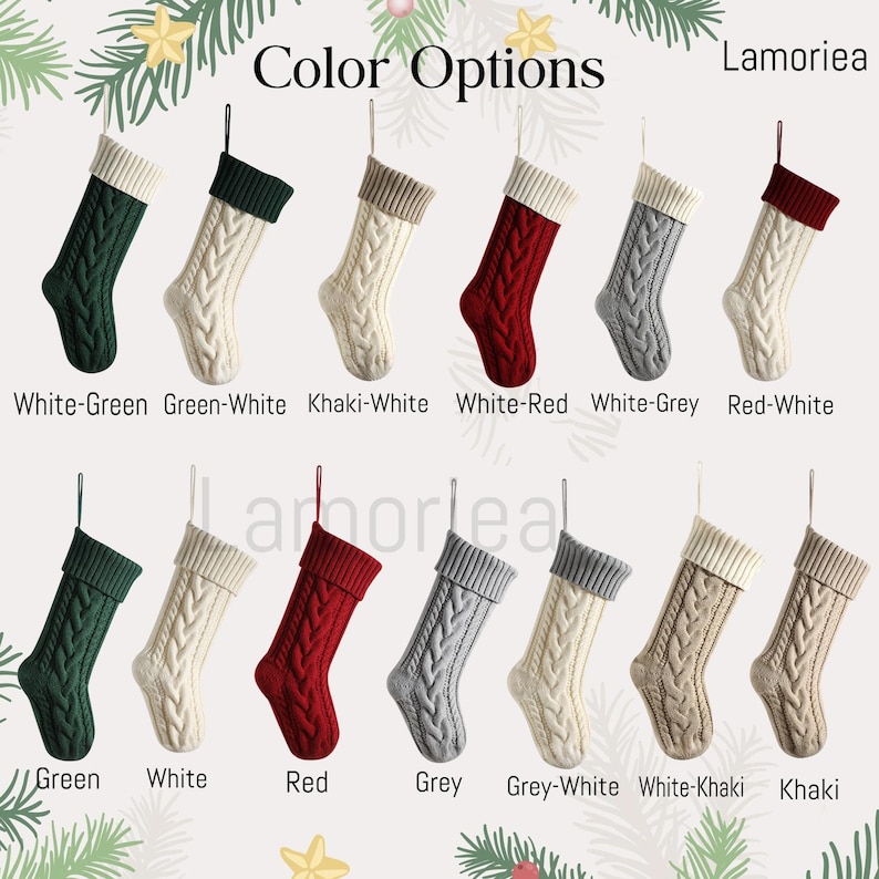 May include: A collection of Christmas stockings in various colors, including green, white, red, and grey. Each stocking features a cable knit design and a contrasting cuff. The image includes the text "Color Options" and "Lamoriea".