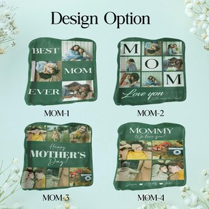 May include: Four different designs for a green throw pillow with a photo collage and text. The designs include "Best Mom Ever", "Mom", "Happy Mother's Day", and "Mommy We Love You".