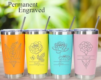 Personalized Birthflower 20oz Tumbler, Custom floral drinkware, Laser Engraved Tumbler, Insulated Tumbler, Birthflower Tumbler, Gift for Her